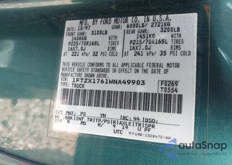 1998 Ford F-150 Lariat/Standard/Xl/Xlt из США, поврежденный, VIN 1FTZX1761WNA49903